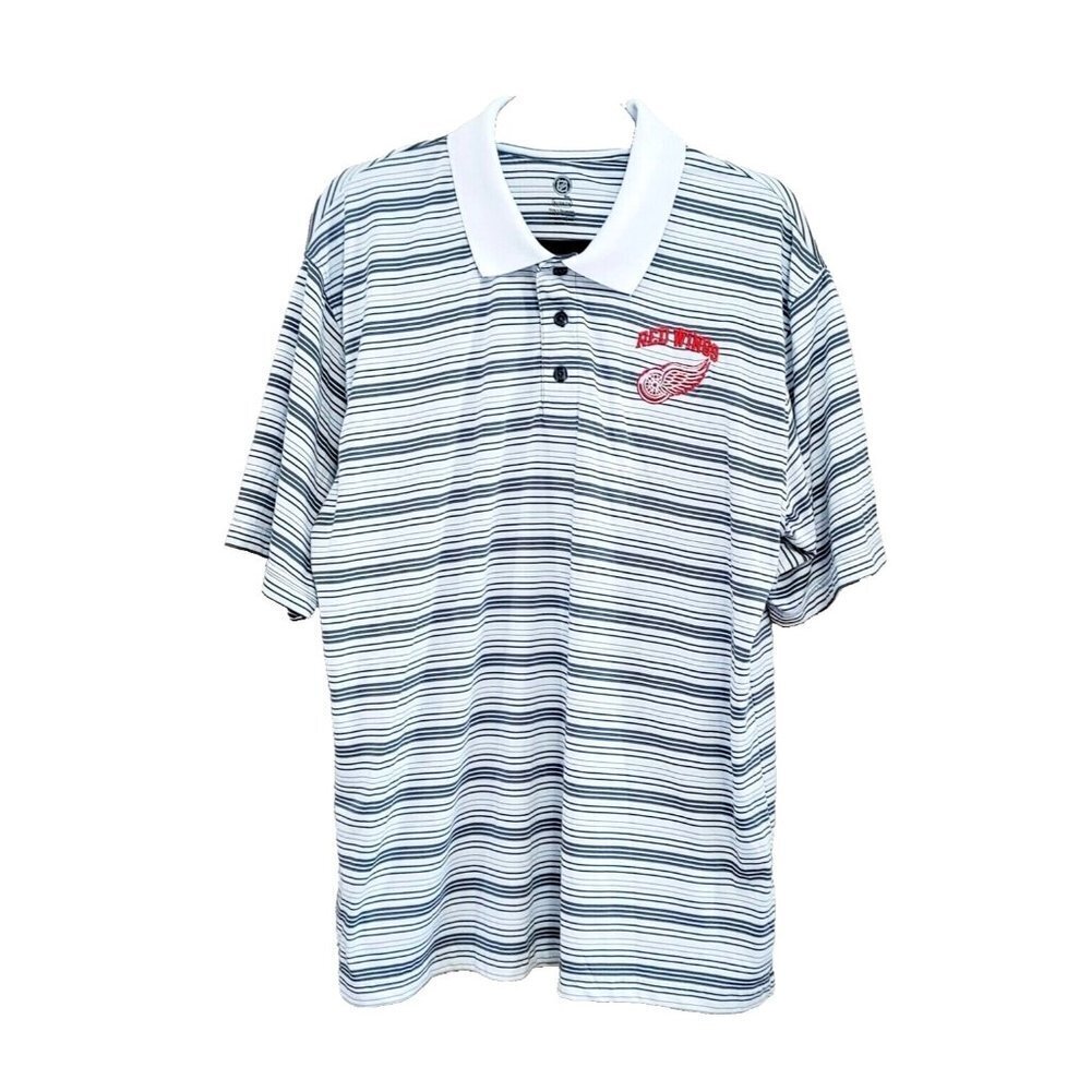 Red  Wings Polo Shirt Men's NHL Shirt Size XL Gray White Striped Short Sleeve